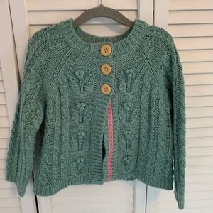 Mini Boden Kids Cardigan Sweater Chunky Green Cable Knit Floral Bobble Girl 3-4Y